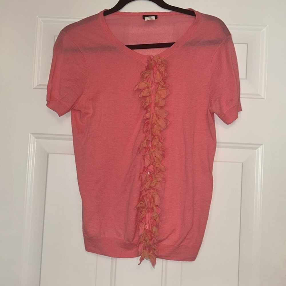 J.Crew Cotton Ruffle Cardigan Top Pink/Coral M Lightweight Feminine Semi Sheer